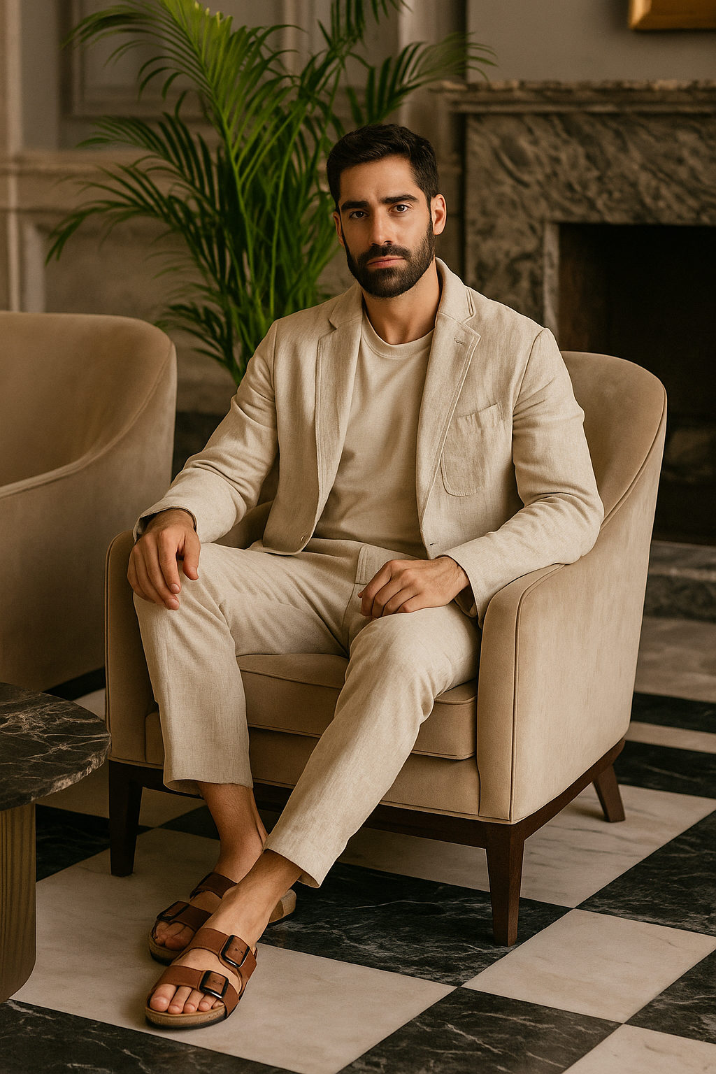 Homem elegante usando sandalia masculina Polo Urban Zion couro nobuck marrom