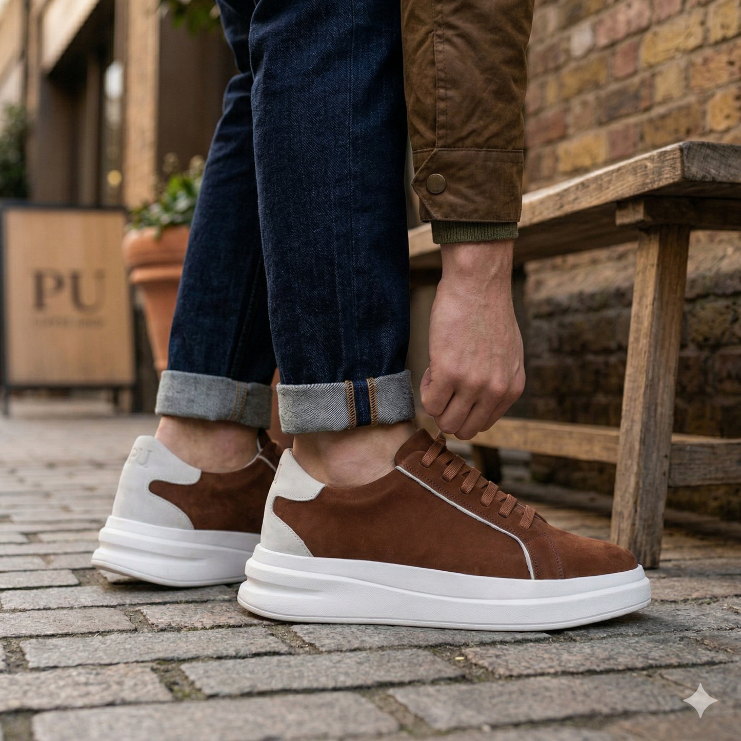 Homem usando tenis casual masculino couro nobuck sola alta - detalhe nos pes