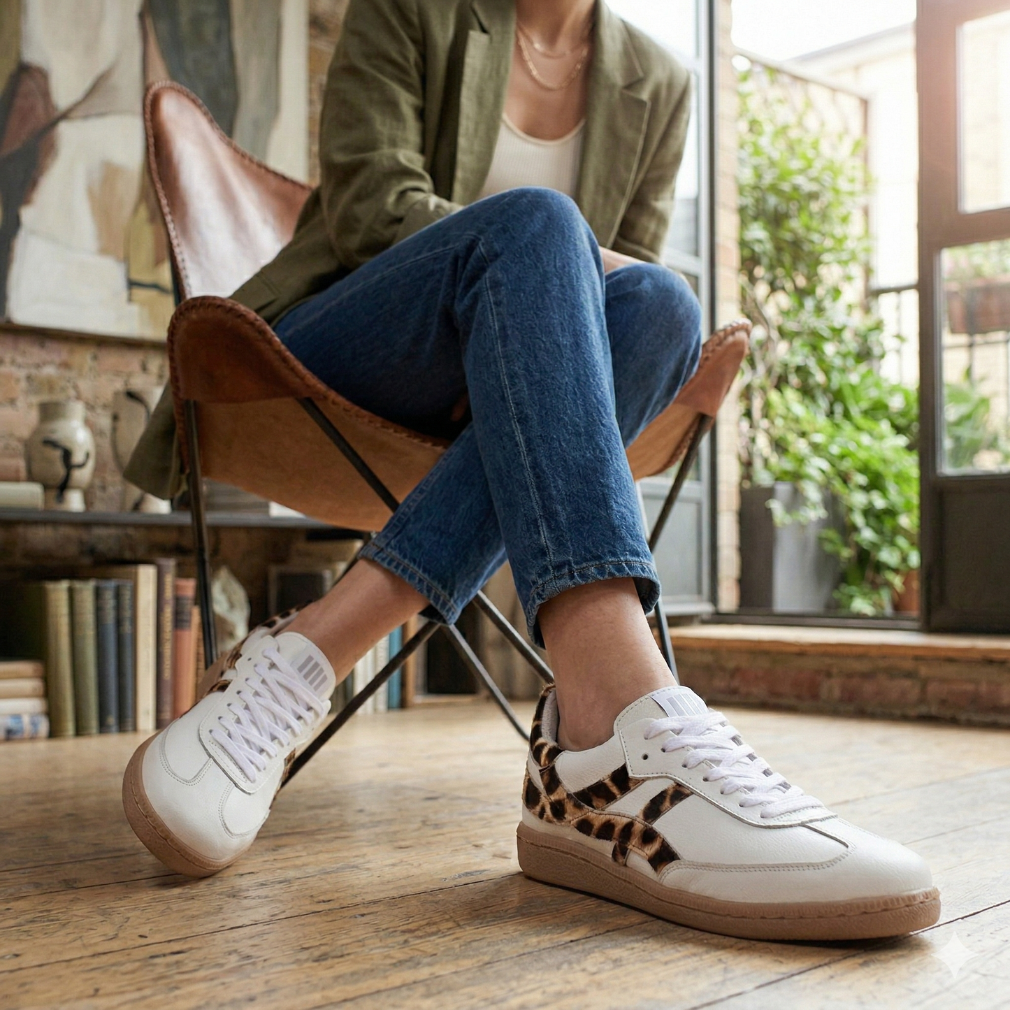 Mulher usando tenis feminino Chloe animal print - look casual urbano
